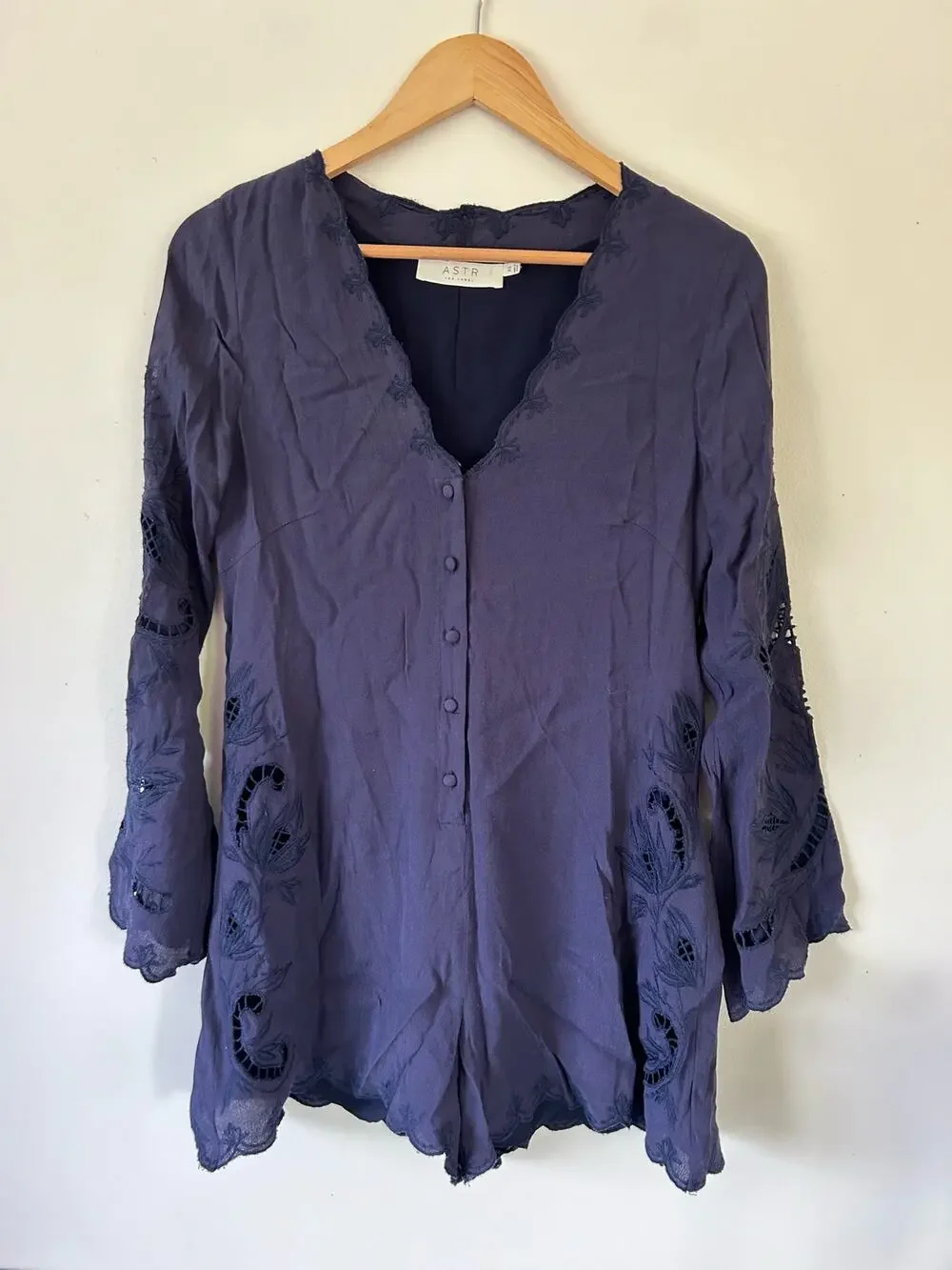 ASTR The Label womens romper size XS navy lace 3/4 sleeve v neck button front
